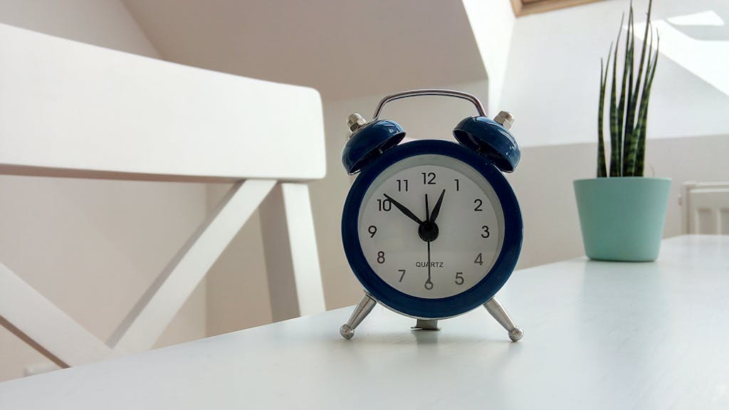 Classic blue alarm clock on a desk with houseplant in minimal setting.